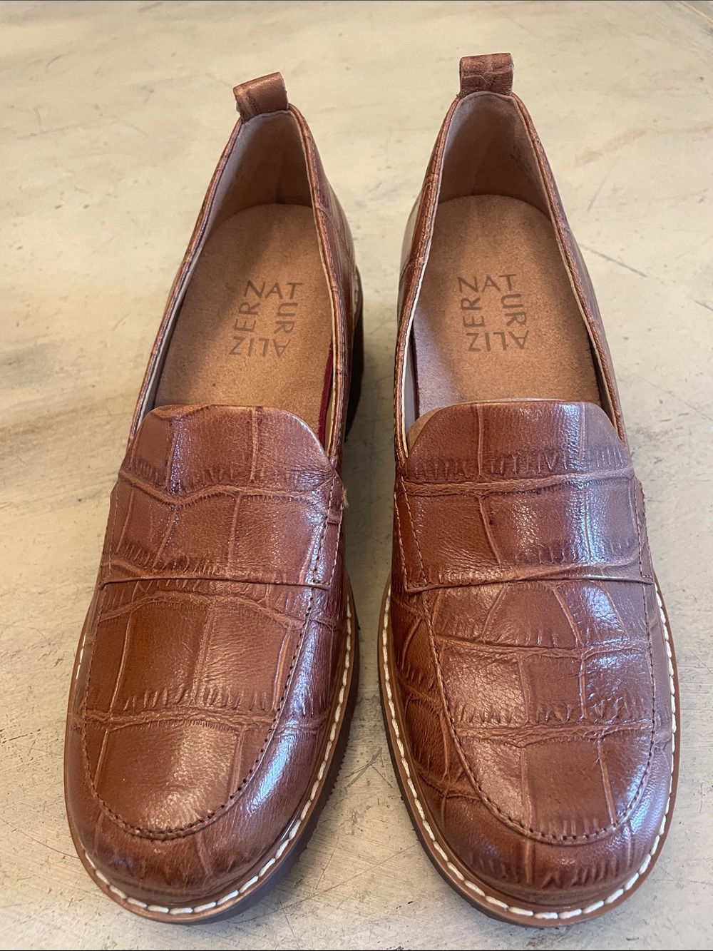 Naturalizer Cognac Croc-Embossed Leather Platform Loafers - Picture 1 of 6